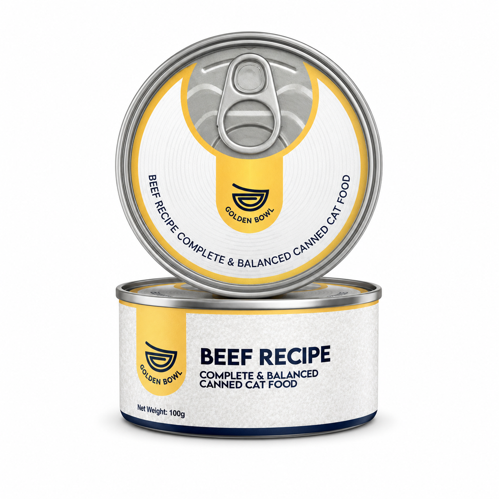 A single 100g pot of Golden Bowl Beef Recipe complete and balanced canned cat food standing upright. The label is clean and minimal, showing the product name and net weight clearly. This is a grain-free and gum-free wet food made with multiple animal proteins including beef, duck, and rabbit.