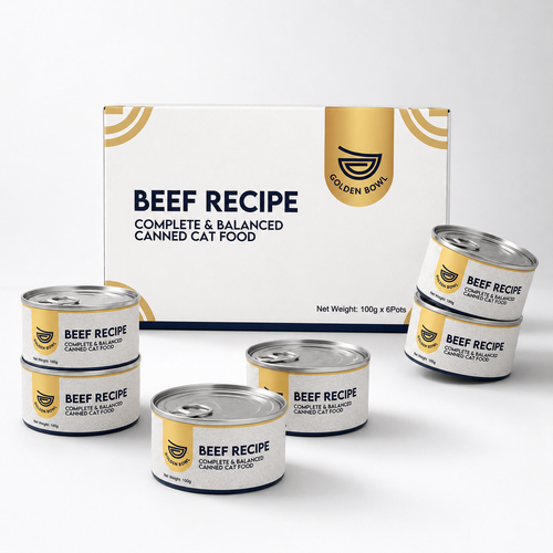 Six-pack box of Golden Bowl Beef Recipe complete and balanced canned cat food, each pot holds 100g. The box shows three visible pots with the Beef Recipe label and the Golden Bowl brand mark. This is a multi-protein wet food made with beef, duck, rabbit, and organs, formulated as a complete daily staple for cats. Sold in Canada.