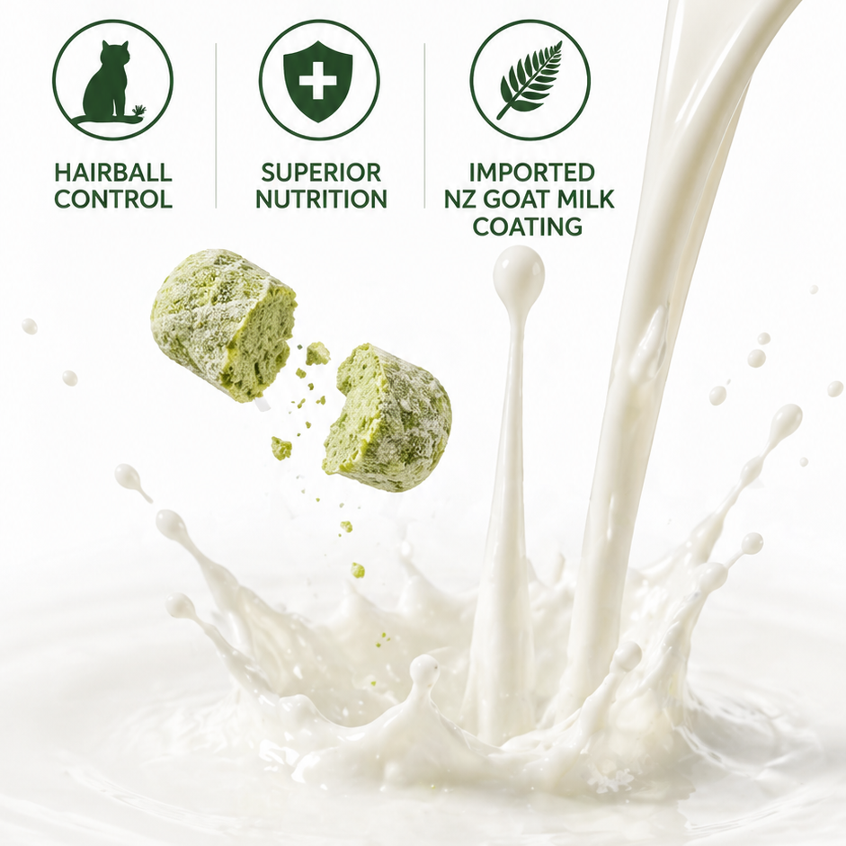Most treats "wave" at fiber, but we went all in with a real dose: 35% Barley Grass. This fiber binds hair into a tidy package, moving it naturally through the digestive system—no 3am carpet surprises required. Blended with 56.9% real chicken and goat milk for a taste cats love. Natural, effective, and daily. Shop the barley grass formula at Golden Bowl.
