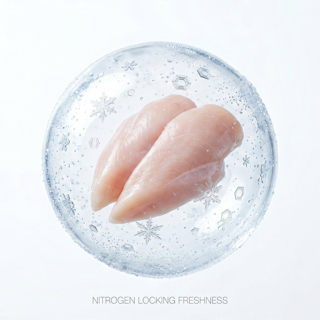 Golden Bowl cat food freshness infographic. Key features: nitrogen-flushed packaging to lock in nutrition and prevent oxidation, full cold chain transport from farm to facility, and ultra-low temperature preservation—keeping freeze-dried raw food fresh without artificial preservatives.