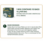 Product detail panel of Golden Bowl Hairball Support treats showing one box contains 10 bags, each bag holds 10g. Suitable for cats over three months old of all breeds. A note reminds owners that these treats are rich in natural plant fibre to help move hair through the digestive system. Occasional vomiting of a hairball can still happen as part of the normal elimination process, especially if there is already a buildup. Sold in Canada.