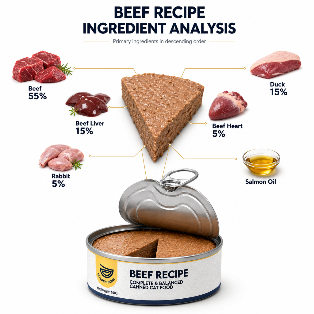 Ingredient breakdown chart for Golden Bowl Beef Recipe canned cat food. The primary ingredients are listed in descending order: beef 55%, duck 15%, beef liver 15%, beef heart 5%, plus rabbit and salmon oil. The chart gives customers a transparent look at what is in each can, showing that the recipe relies on real muscle meat and organ meat rather than fillers or meal ingredients