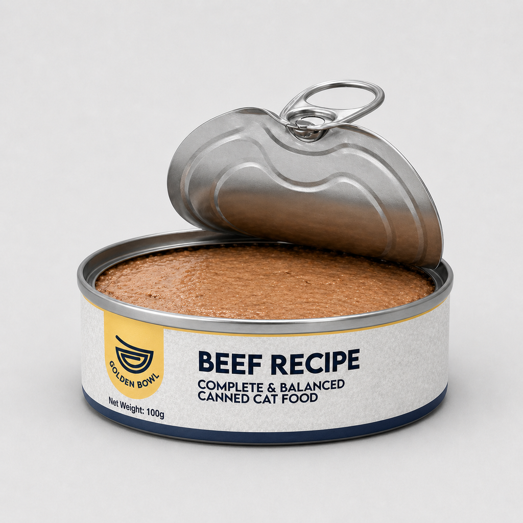 Ingredient breakdown chart for Golden Bowl Beef Recipe canned cat food. The primary ingredients are listed in descending order: beef 55%, duck 15%, beef liver 15%, beef heart 5%, plus rabbit and salmon oil. The chart gives customers a transparent look at what is in each can, showing that the recipe relies on real muscle meat and organ meat rather than fillers or meal ingredients.