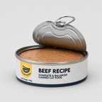 Ingredient breakdown chart for Golden Bowl Beef Recipe canned cat food. The primary ingredients are listed in descending order: beef 55%, duck 15%, beef liver 15%, beef heart 5%, plus rabbit and salmon oil. The chart gives customers a transparent look at what is in each can, showing that the recipe relies on real muscle meat and organ meat rather than fillers or meal ingredients.