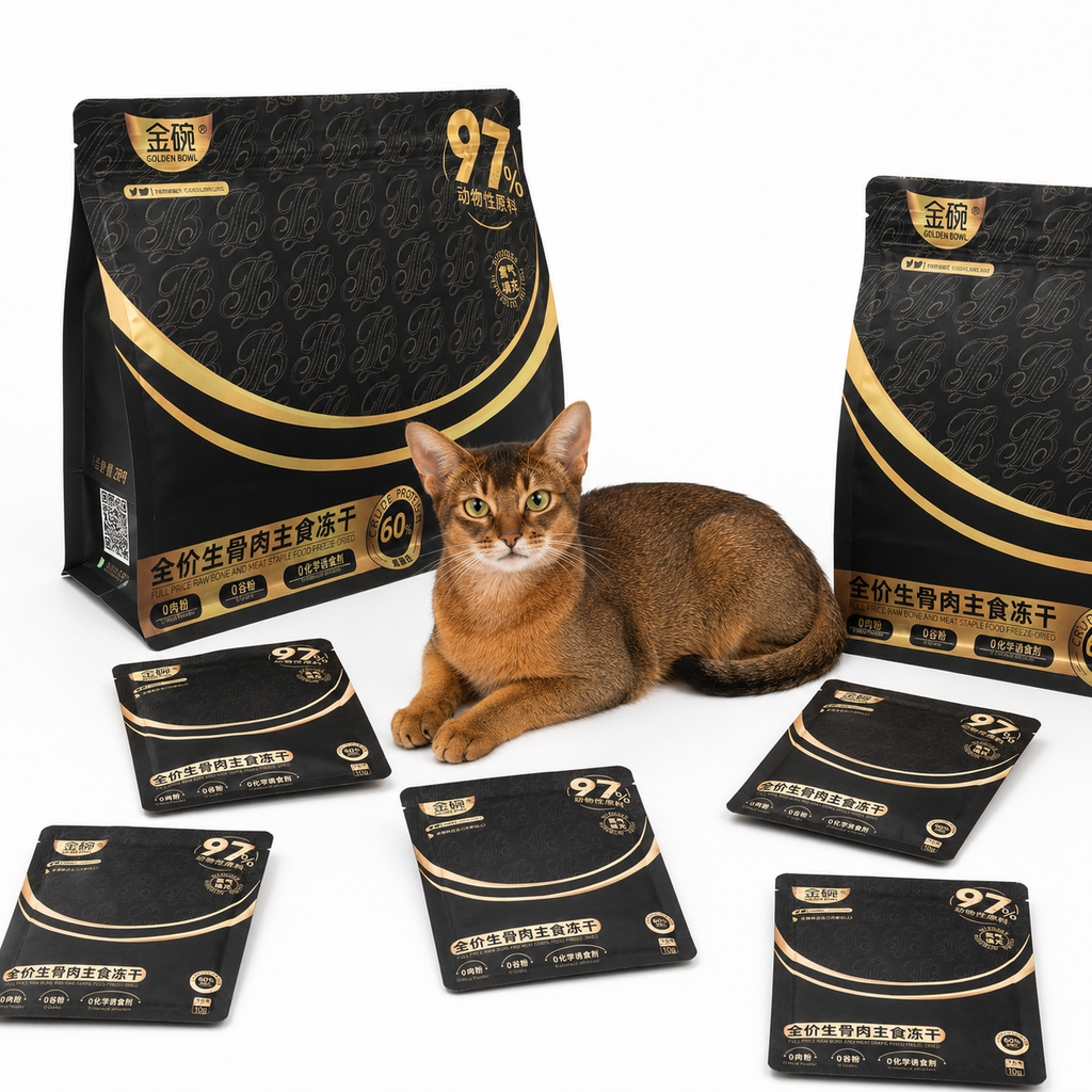 A close-up display of six Golden Bowl freeze-dried raw cat food bags, each holding 10g of complete and balanced whole-prey diet. The packaging is clean and bilingual, with the brand name clearly visible. Across every bag, the core promise is repeated: 100% animal-based ingredients, zero starch, zero grains, and no chemical attractants. This is the larger family-size format, ideal for multi-cat households or owners who prefer buying in bulk. The 120g bag complements the portable 10g single-serving pouch—same