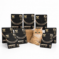 Golden Bowl complete and balanced freeze-dried raw cat food value proposition infographic. Eig identical 10g single-serving pouches arranged in a grid, each labeled with the brand name and key claims. Main selling points emphasized: 100% animal-based ingredients, 0% starch, 0% grains, and 0% chemical attractants or artificial palatants. Positioned as a whole-prey raw diet freeze-dried staple for cats—nutritionally complete, species-appropriate, and free from common fillers and synthetic appetite stimulants.