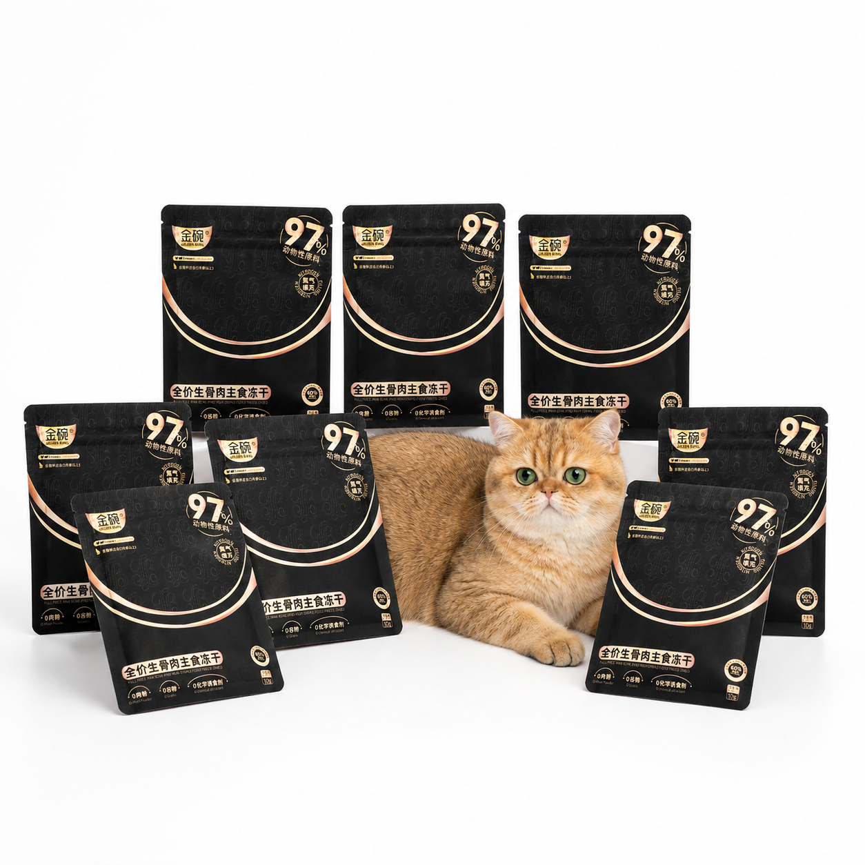 Golden Bowl complete and balanced freeze-dried raw cat food value proposition infographic. Eig identical 10g single-serving pouches arranged in a grid, each labeled with the brand name and key claims. Main selling points emphasized: 100% animal-based ingredients, 0% starch, 0% grains, and 0% chemical attractants or artificial palatants. Positioned as a whole-prey raw diet freeze-dried staple for cats—nutritionally complete, species-appropriate, and free from common fillers and synthetic appetite stimulants.
