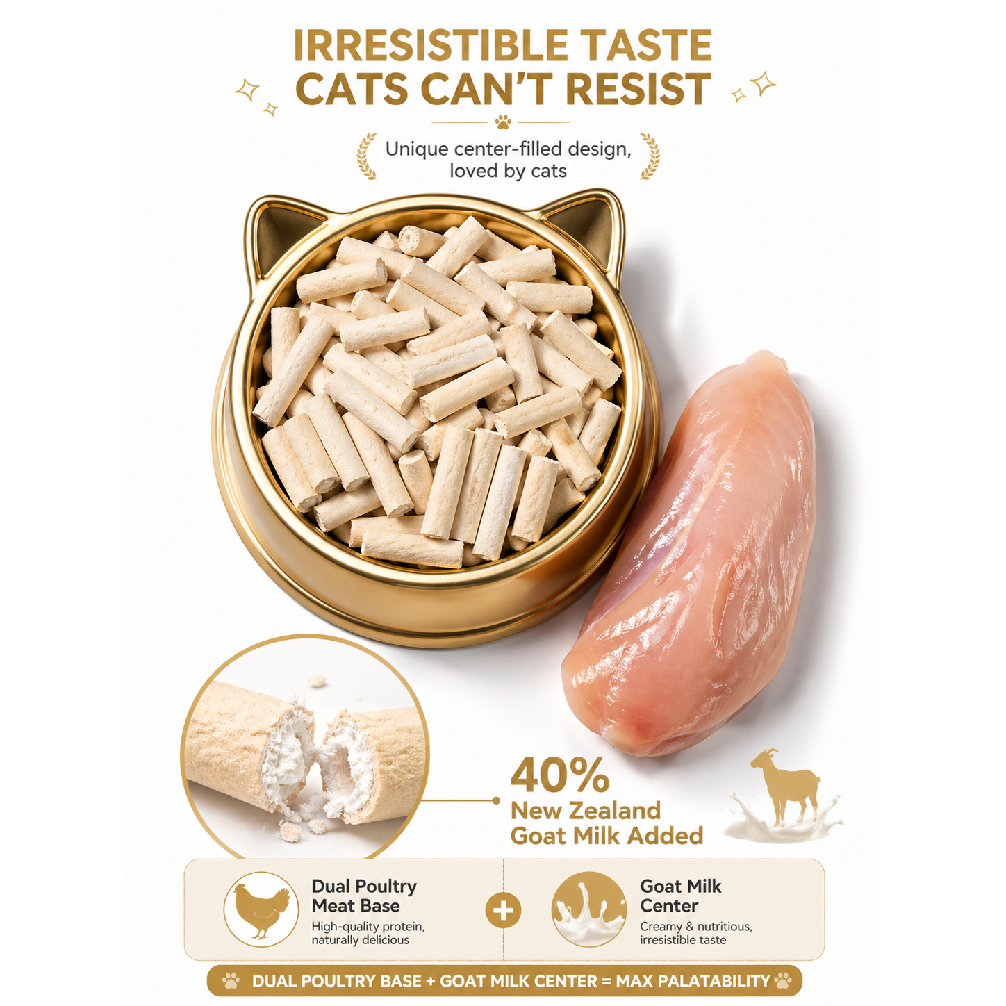 Golden Bowl Dental Care freeze-dried raw cat treats 100g bag standing upright. Label confirms the product is a natural dental care solution for clean teeth and fresh breath. The bag design is clean and minimal with the Golden Bowl brand mark clearly visible.