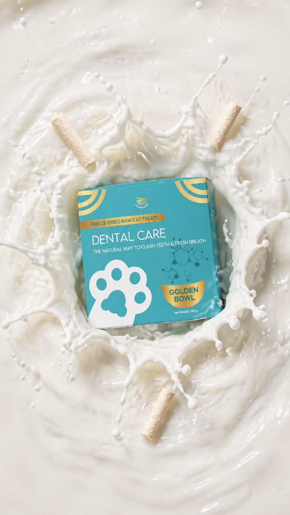 Golden Bowl Dental Care freeze-dried raw cat treats 100g bag standing upright. Label confirms the product is a natural dental care solution for clean teeth and fresh breath. The bag design is clean and minimal with the Golden Bowl brand mark clearly visible.