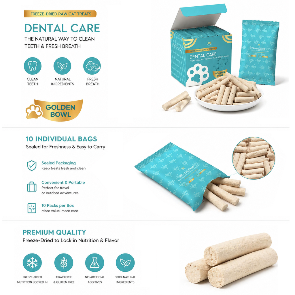 Close-up of Golden Bowl Dental Care treats showing the unique center-filled design. The dual poultry base is chicken and duck, with 40% New Zealand goat milk added for creaminess and natural palatability. The infographic explains that the dual poultry meat base and goat milk center work together to create a taste cats can't resist, while delivering high-quality animal protein without artificial flavors.