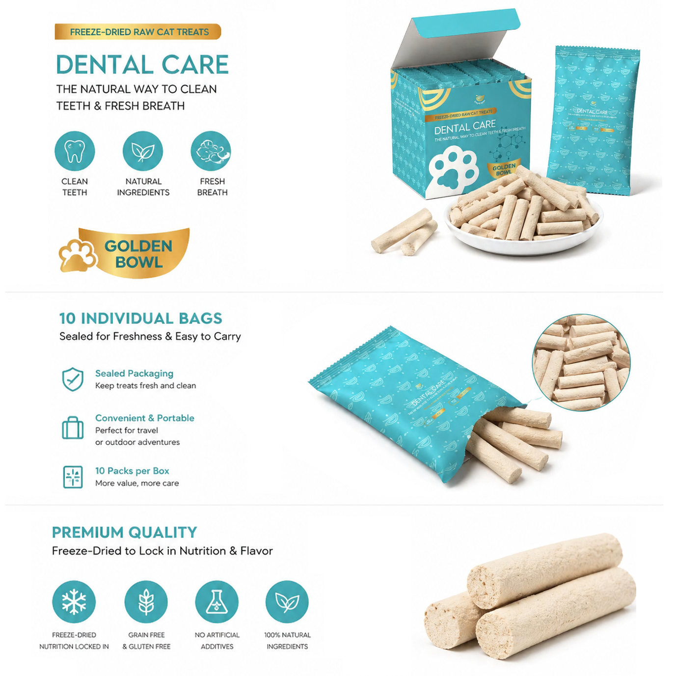 Close-up of Golden Bowl Dental Care treats showing the unique center-filled design. The dual poultry base is chicken and duck, with 40% New Zealand goat milk added for creaminess and natural palatability. The infographic explains that the dual poultry meat base and goat milk center work together to create a taste cats can't resist, while delivering high-quality animal protein without artificial flavors.