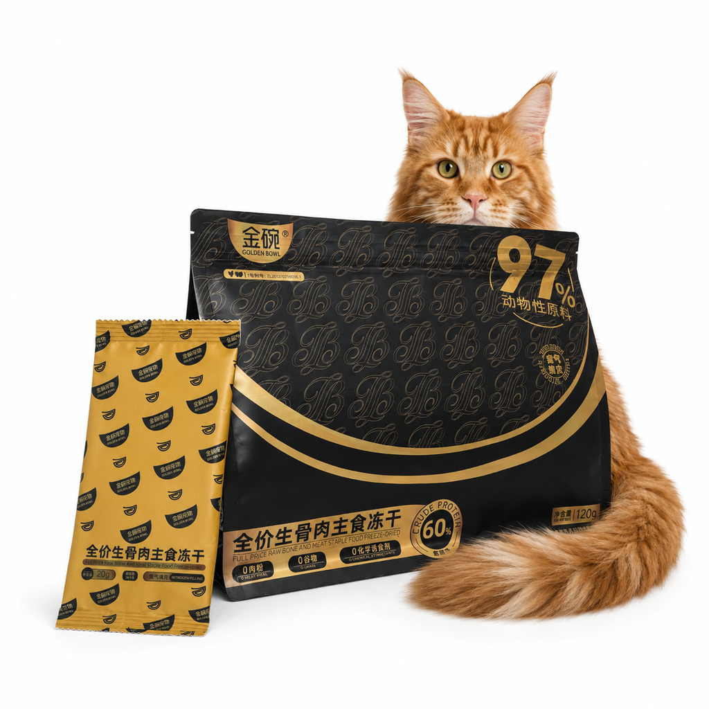 An orange Maine Coon cat sits beside a 120 g full-size bag and a pocket-sized 20 g single-serving pouch. Ingredients are cold-chain transported, freeze-dried, nitrogen-flushed to remove oxygen, then irradiation-sterilized. Each bag contains 6 individual pouches, each one a single meal for an adult cat, easy to carry outdoors with no measuring or mess. Golden Bowl freeze dried raw cat food 120g package front showing complete and balanced formula with 60% crude protein grain free single protein.
