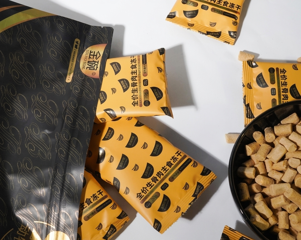Golden Bowl Pets complete-and-balanced raw freeze-dried cat food pellets close-up, showcasing the product's natural texture. Made with a single novel protein—Tibetan highland chicken breast with 2% whole goat milk powder. Each 120 g box contains 6 individual 20 g nitrogen-flushed pouches for single-meal freshness. Verified 60% crude protein and 20% crude fat by third-party SGS testing. Zero grains, zero chemical attractants, zero meat meal.