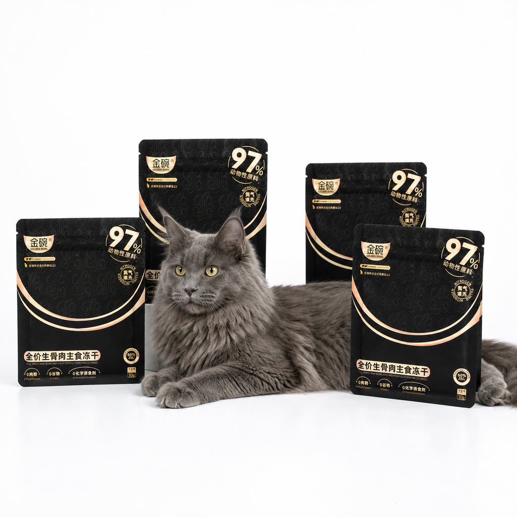 Golden Bowl complete and balanced freeze-dried raw cat food value proposition infographic. Six identical 10g single-serving pouches arranged in a grid, each labeled with the brand name and key claims. Main selling points emphasized: 100% animal-based ingredients, 0% starch, 0% grains, and 0% chemical attractants or artificial palatants. Positioned as a whole-prey raw diet freeze-dried staple for cats—nutritionally complete, species-appropriate, and free from common fillers and synthetic appetite stimulants.