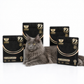 Golden Bowl complete and balanced freeze-dried raw cat food value proposition infographic. Six identical 10g single-serving pouches arranged in a grid, each labeled with the brand name and key claims. Main selling points emphasized: 100% animal-based ingredients, 0% starch, 0% grains, and 0% chemical attractants or artificial palatants. Positioned as a whole-prey raw diet freeze-dried staple for cats—nutritionally complete, species-appropriate, and free from common fillers and synthetic appetite stimulants.