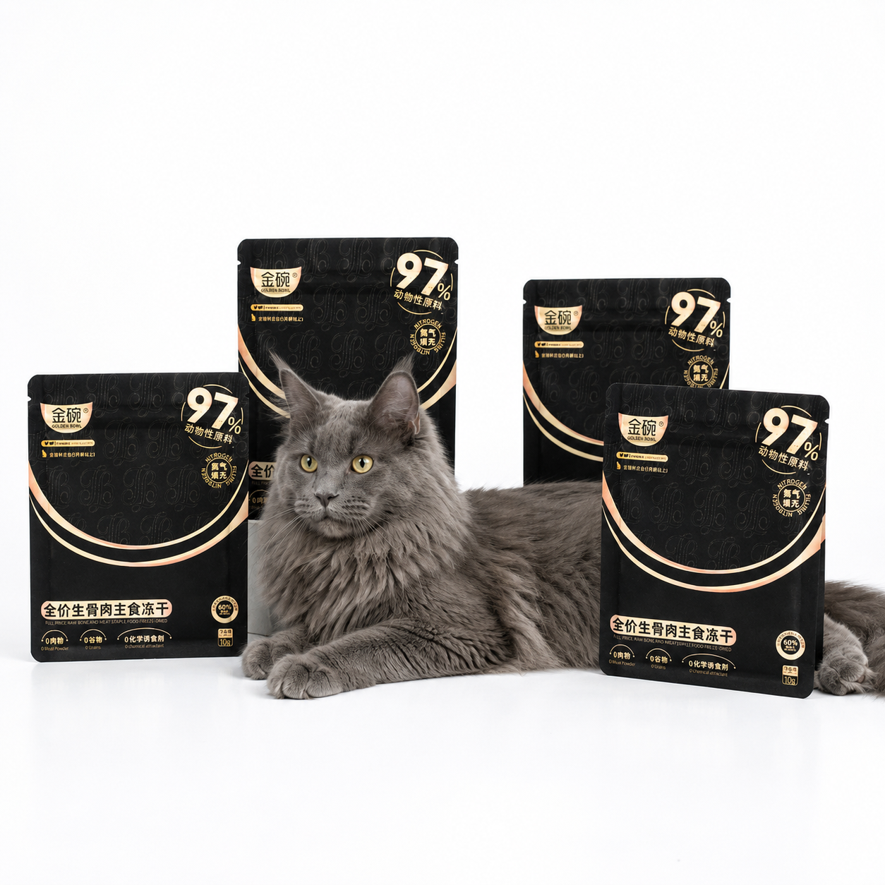 Golden Bowl complete and balanced freeze-dried raw cat food value proposition infographic. Six identical 10g single-serving pouches arranged in a grid, each labeled with the brand name and key claims. Main selling points emphasized: 100% animal-based ingredients, 0% starch, 0% grains, and 0% chemical attractants or artificial palatants. Positioned as a whole-prey raw diet freeze-dried staple for cats—nutritionally complete, species-appropriate, and free from common fillers and synthetic appetite stimulants.