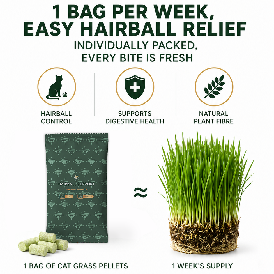 Golden Bowl Hairball Support freeze-dried cat treats box with the message "1 Bag Per Week, Easy Hairball Relief." The packaging highlights three key benefits: hairball control, digestive health support, and natural plant fibre. Each box contains individually sealed pouches so every bite stays fresh. The label also describes it as a cat grass pellet with a one-week supply per bag.